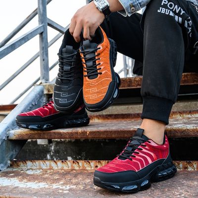 comprar Zapatos de seguridad de suela de Kevlar Flyknit con almohadilla de aire para trabajadores industriales en naranja rojo negro online manufacture