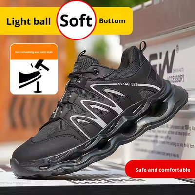 Zapatos de seguridad transpirables de malla de cuero de microfibra con puntera de acero anti-perforación de Kevlar y suela de EVA en negro